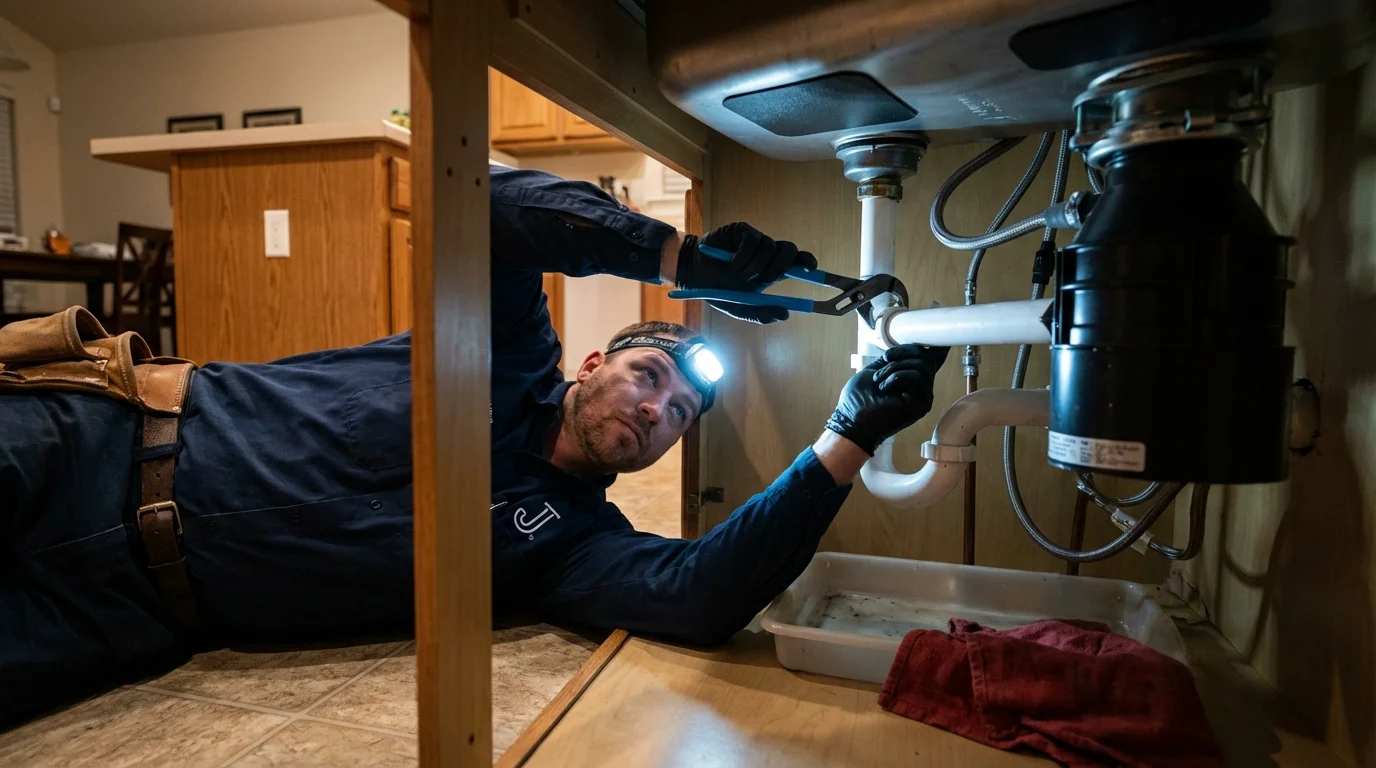 P-trap and supply line connections under a kitchen sink showing a common leak point in Graysville, TN